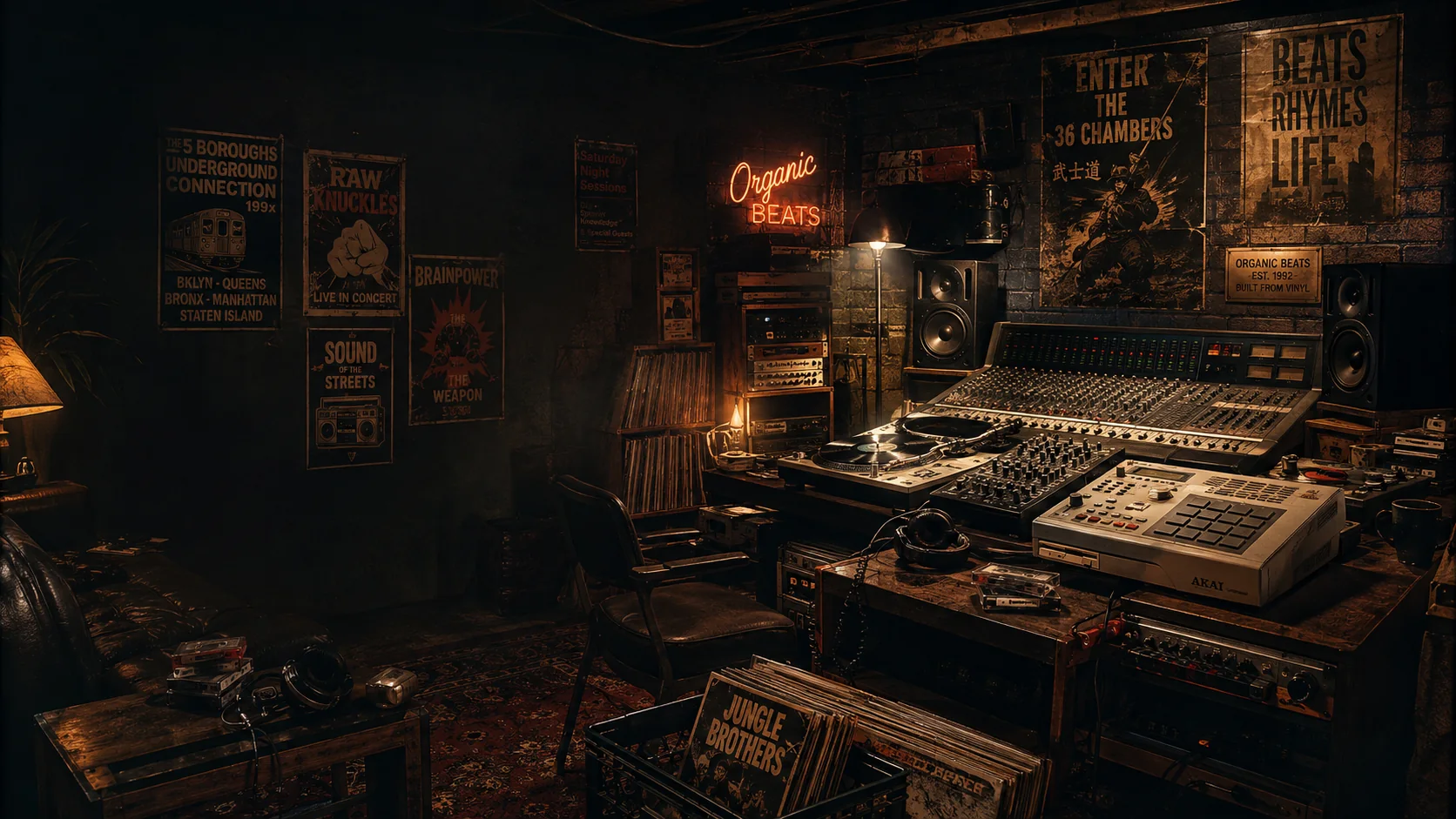 Vintage Organic Beats production studio with turntables, samplers, records, and mixing console